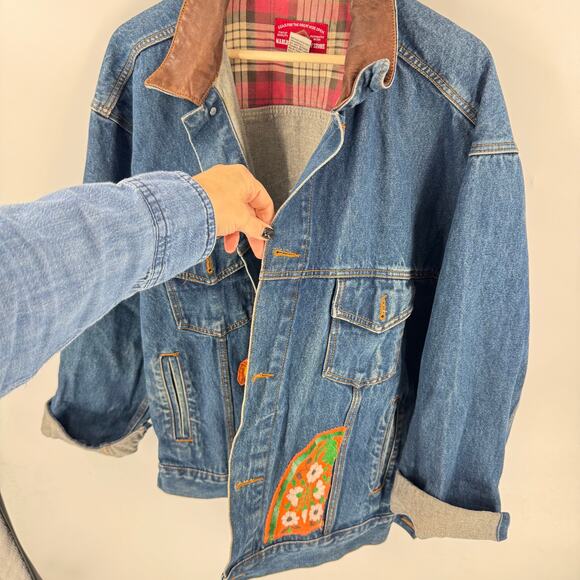 Vintage Marlboro Country Store Denim Jacket L Leather Collar Upcycled Embroidery - Picture 11 of 13